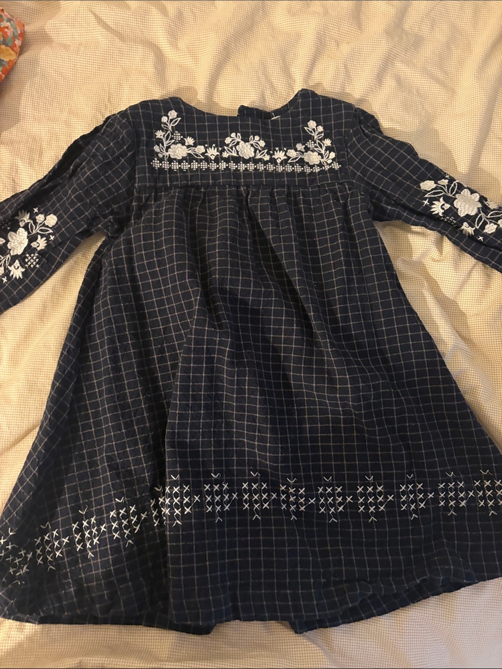 Girls Navy Blue Plaid Embroidered Long-Sleeve Dress